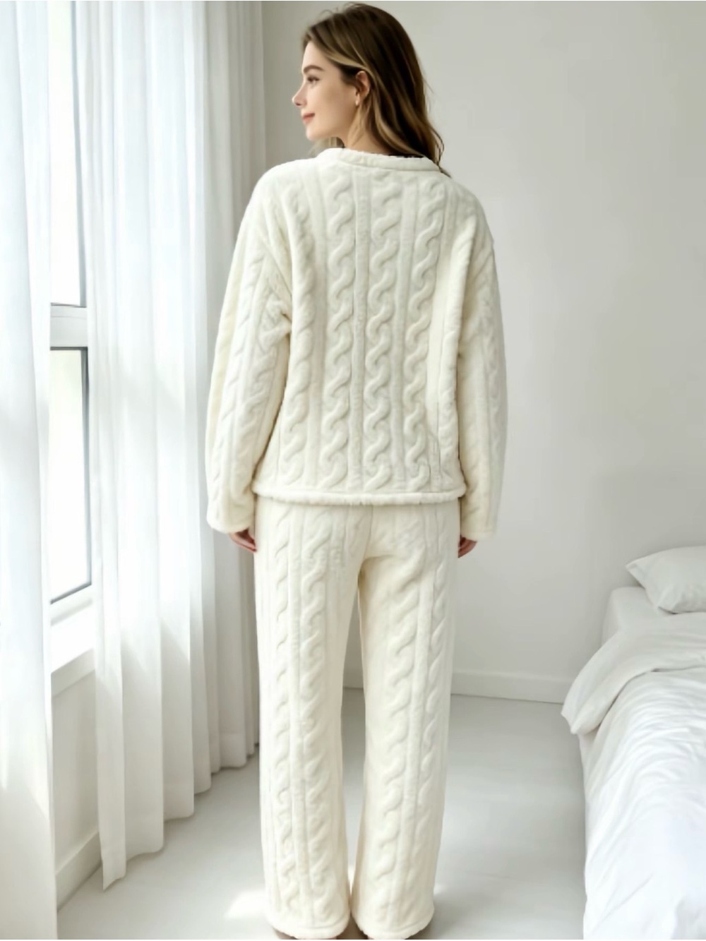 Cozy Cream Cable-Knit Teddy Pajama Lounge Set New - Picture 2 of 5
